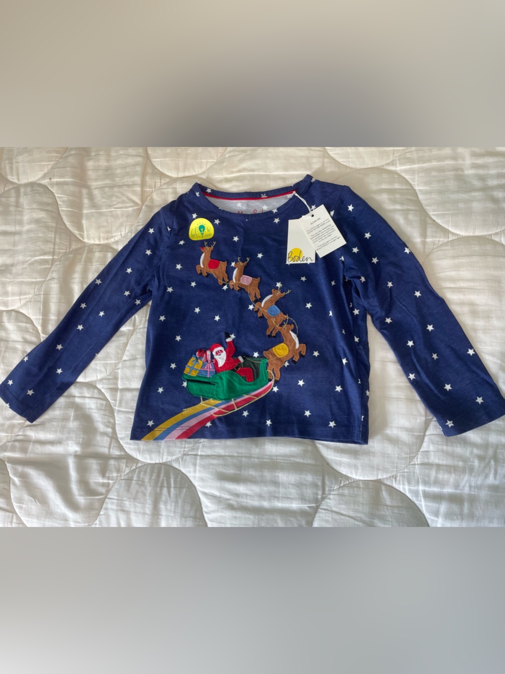 NWT Mini Boden Navy Long-Sleeve Top with Santa Sleigh and Reindeer